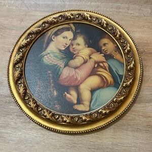 Raphael Religious Madonna Of The Chair Art Print Carved Wood Gold Gilt Round